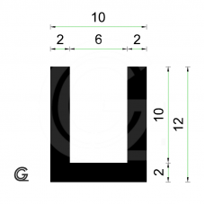 Rubber U Profile | inside size 6 mm | height 12 mm | thickness 2 mm | Per Meter